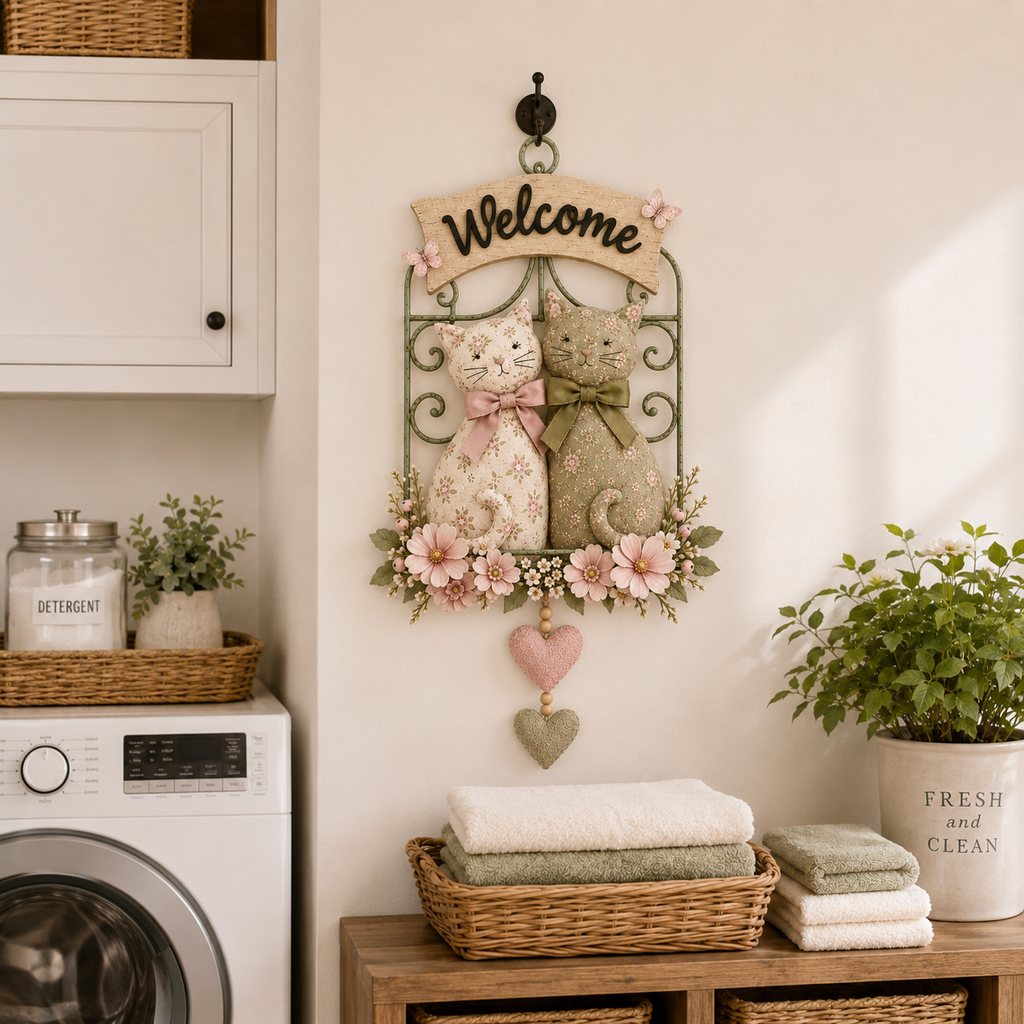 Floral Cat Couple Welcome Wall Hanging