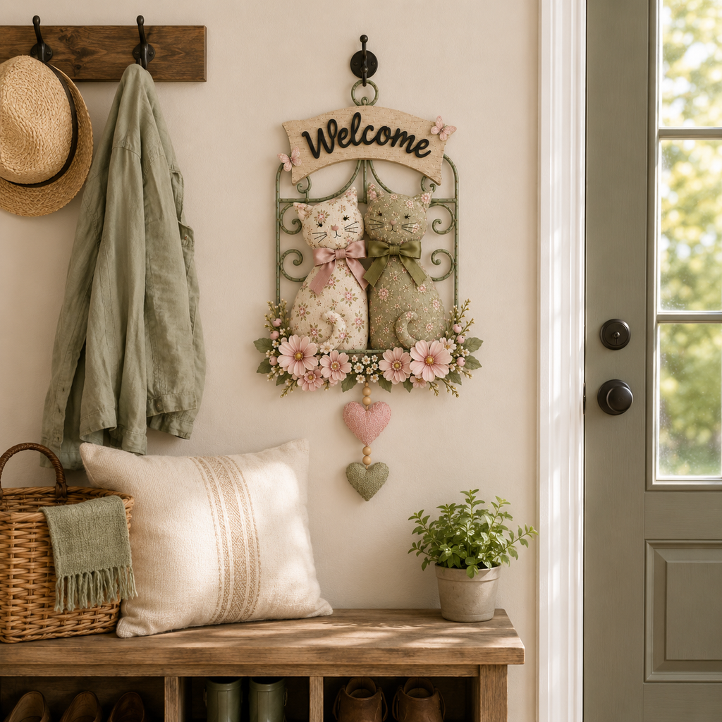Floral Cat Couple Welcome Wall Hanging