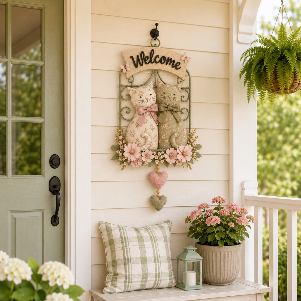 Floral Cat Couple Welcome Wall Hanging