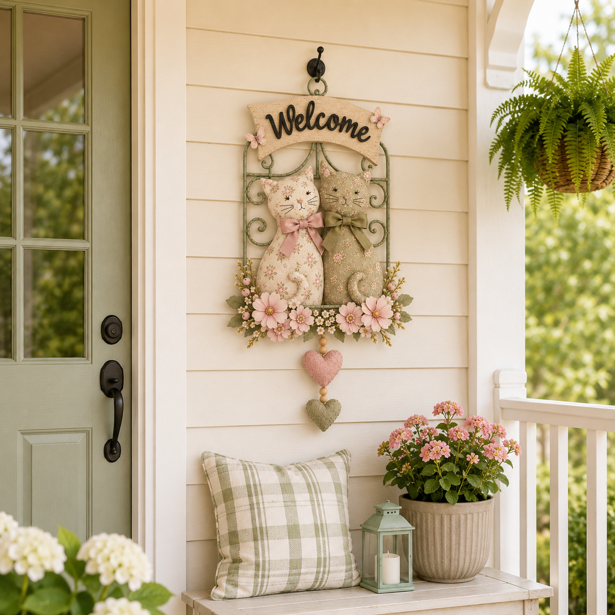 Floral Cat Couple Welcome Wall Hanging