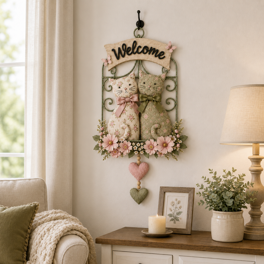 Floral Cat Couple Welcome Wall Hanging