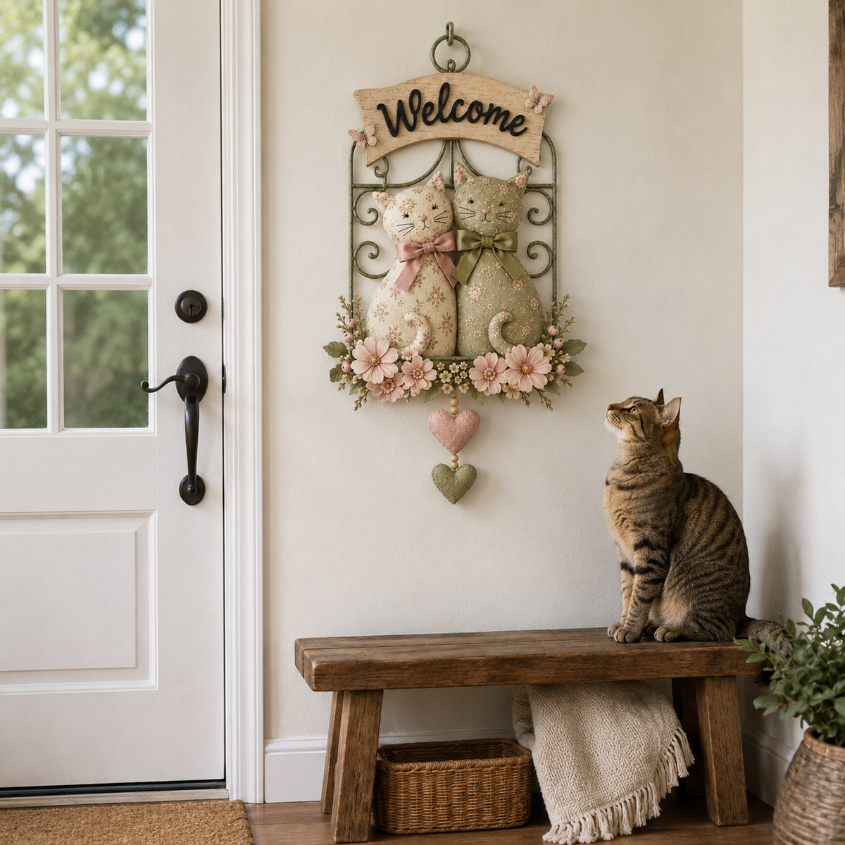 Floral Cat Couple Welcome Wall Hanging