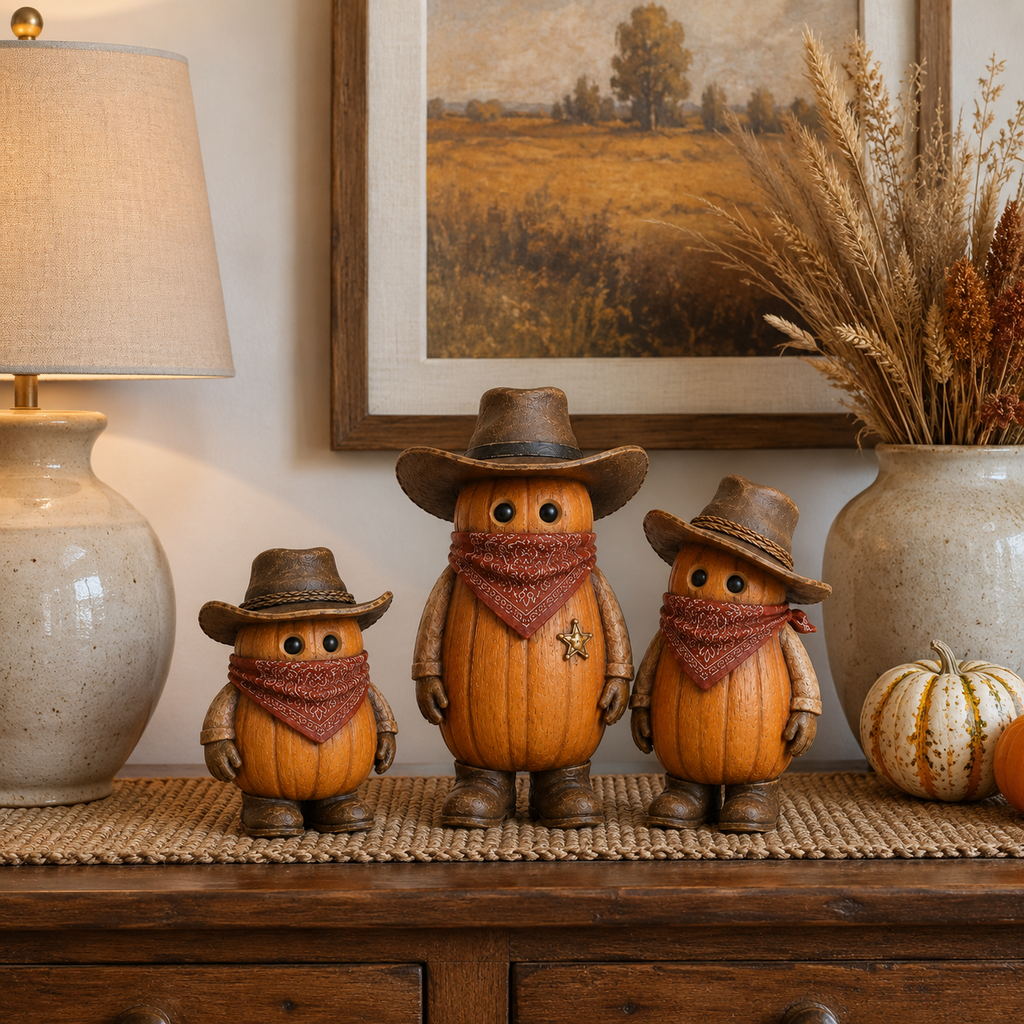 The Pumpkin Posse – Vintage Western Pumpkin Cowboy Figurines, Set of 3