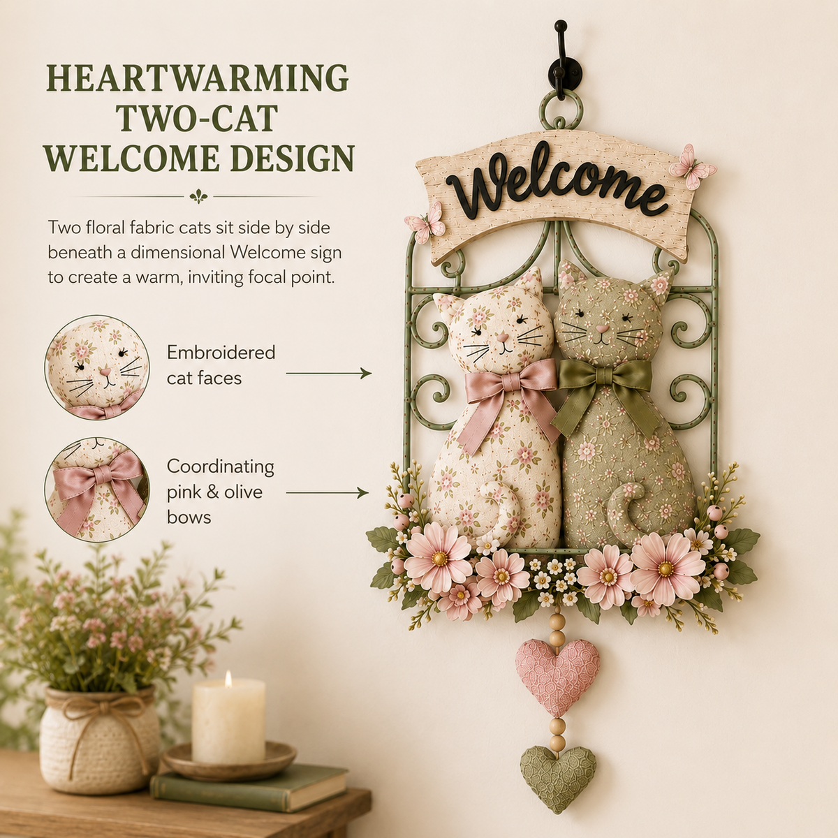 Floral Cat Couple Welcome Wall Hanging