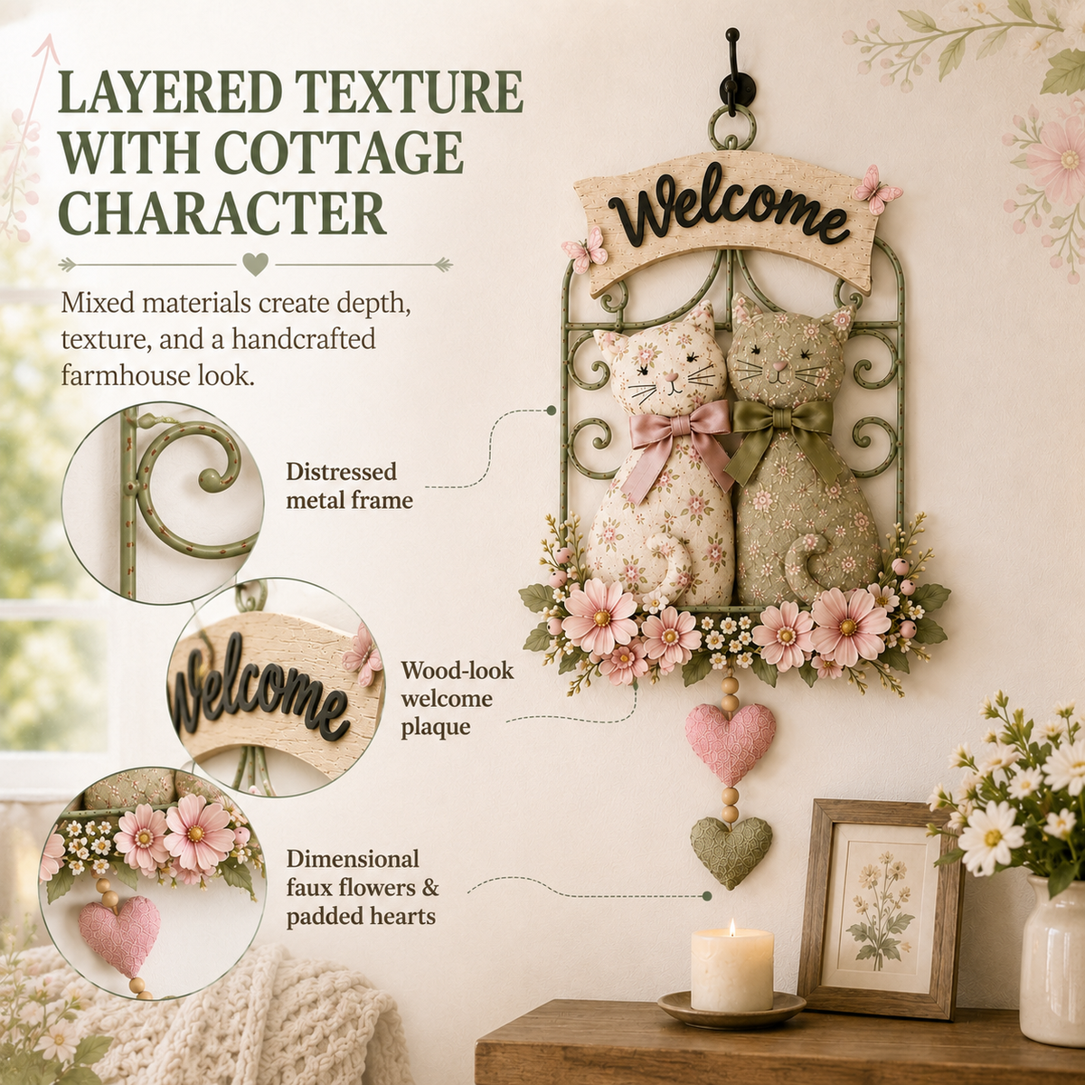 Floral Cat Couple Welcome Wall Hanging