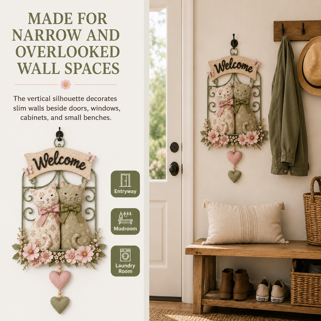 Floral Cat Couple Welcome Wall Hanging
