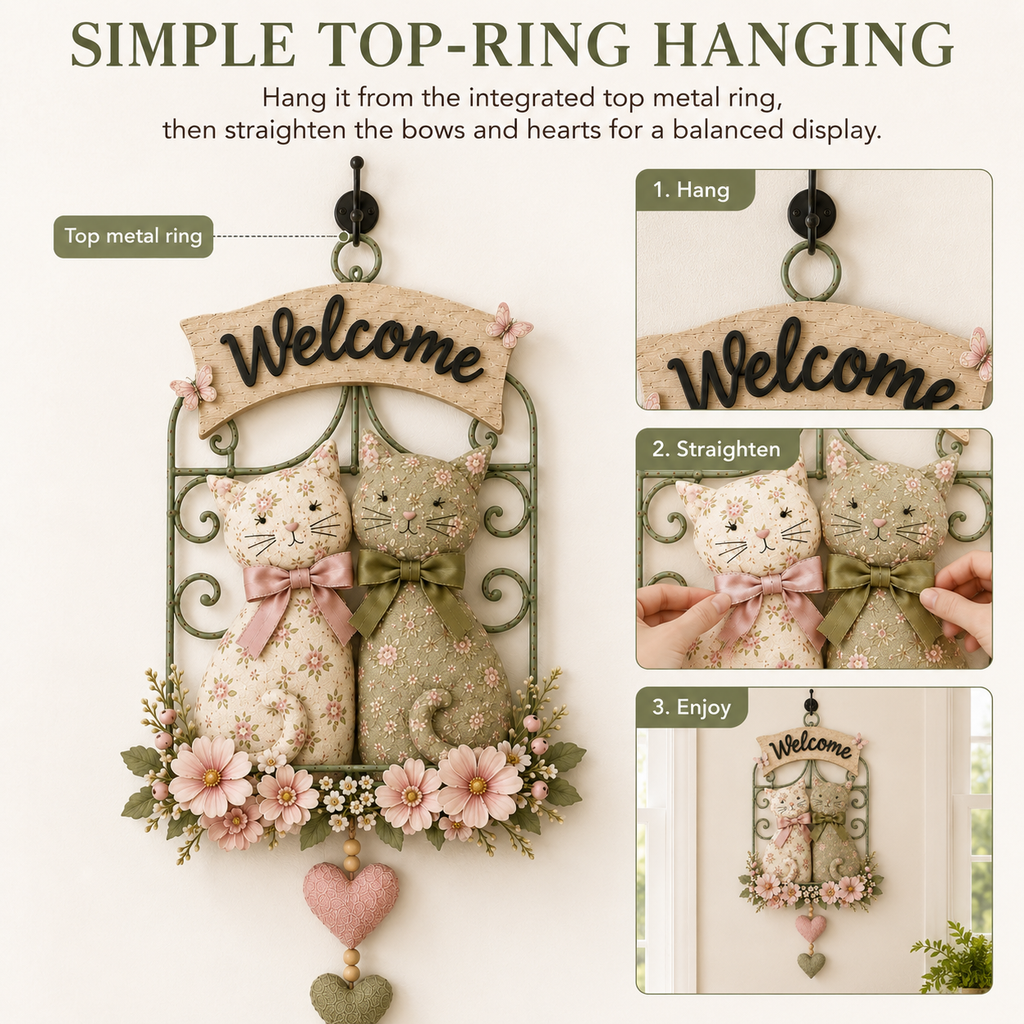 Floral Cat Couple Welcome Wall Hanging