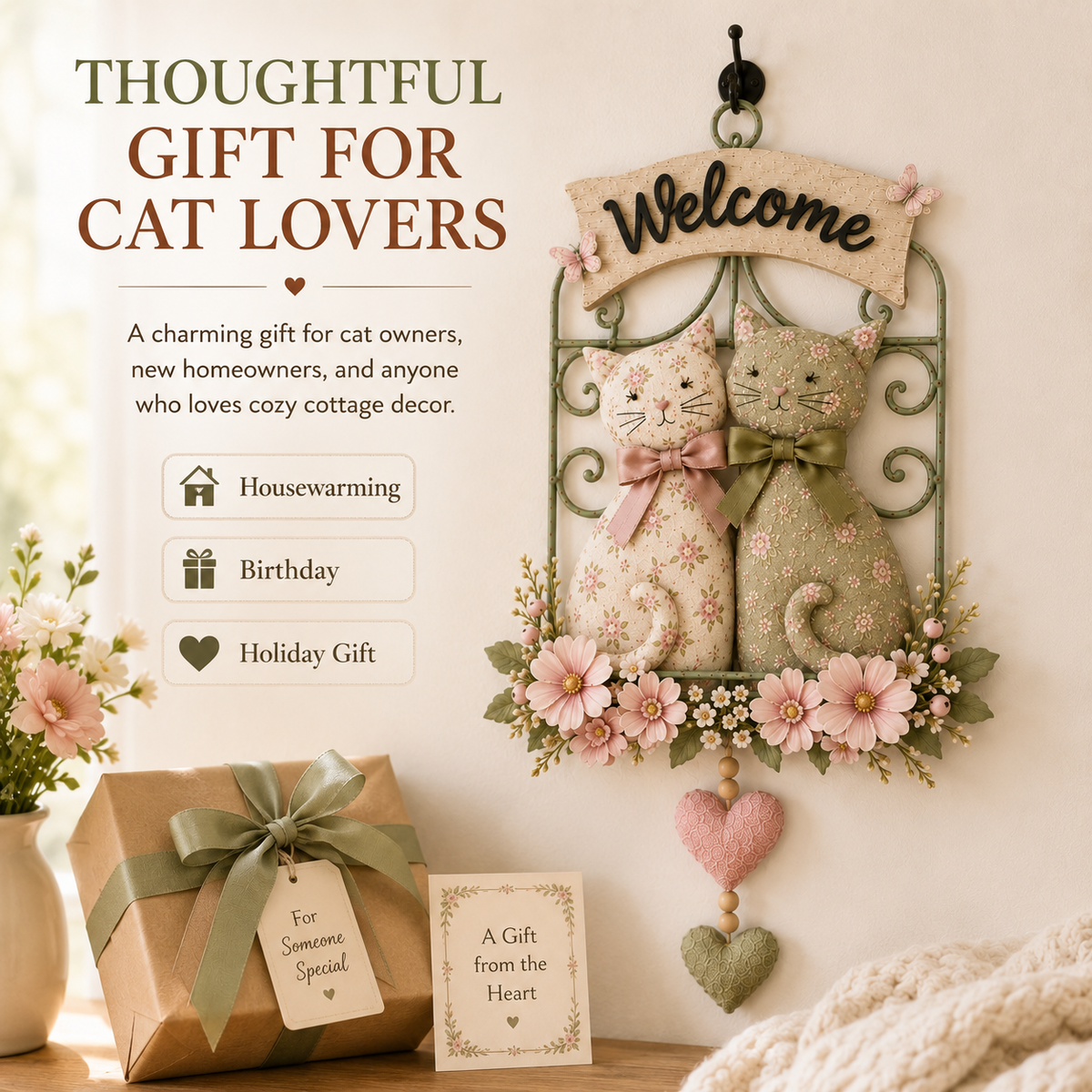 Floral Cat Couple Welcome Wall Hanging