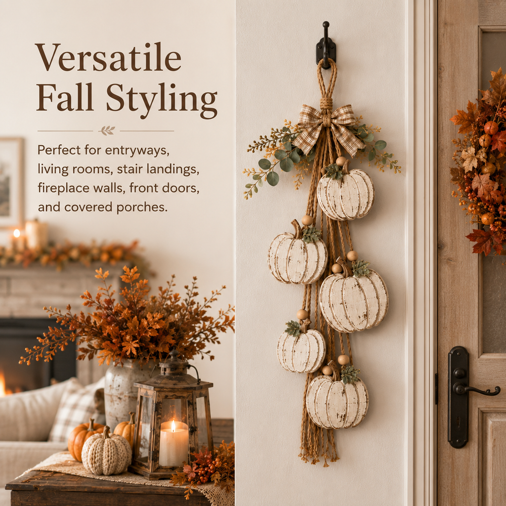 Rustic White Pumpkin Hanging Swag – 5-Pumpkin Fall Wall & Door Decor