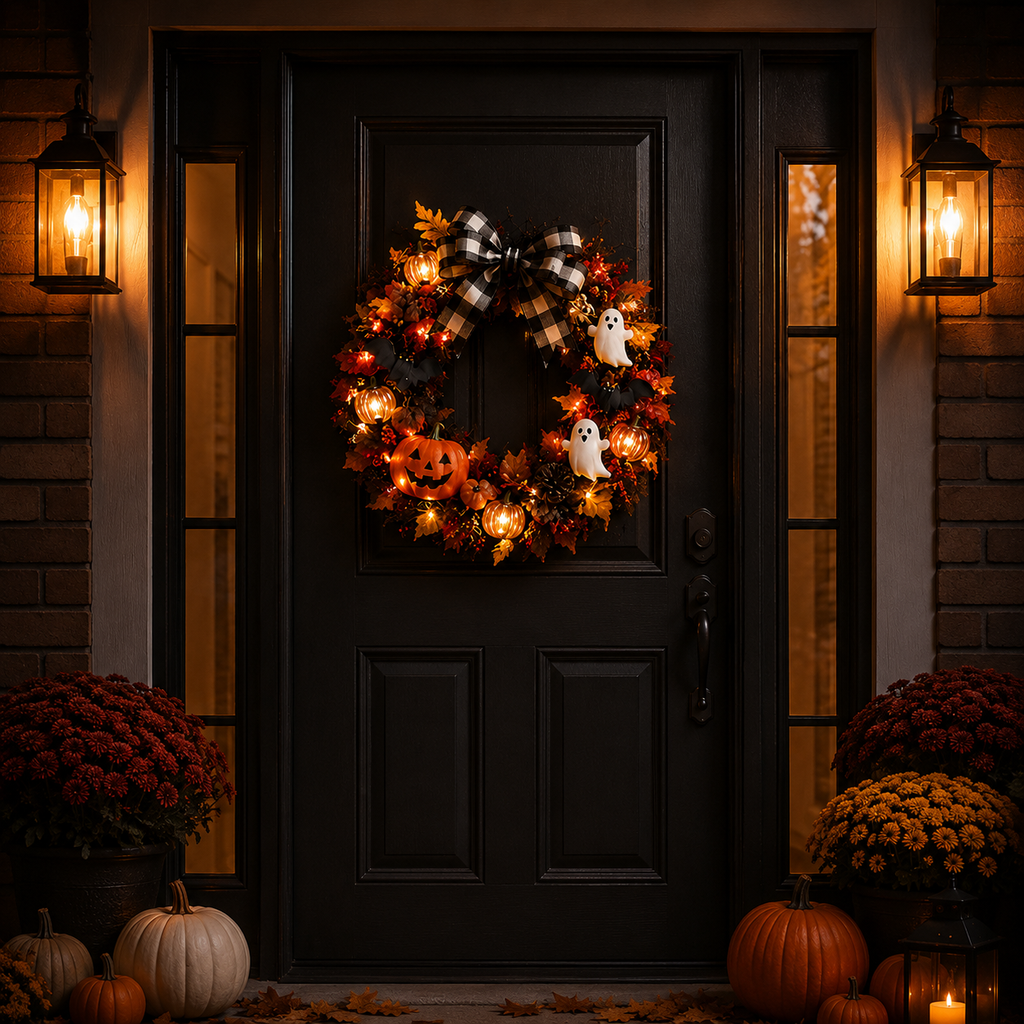 20 Inch Lighted Halloween Fall Wreath Warm - Spooky-Cute Charm for Your Front Door 🎃👻