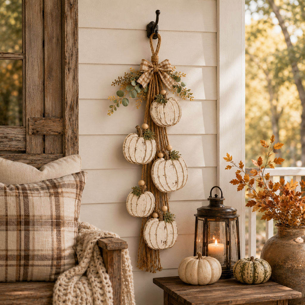 Rustic White Pumpkin Hanging Swag – 5-Pumpkin Fall Wall & Door Decor