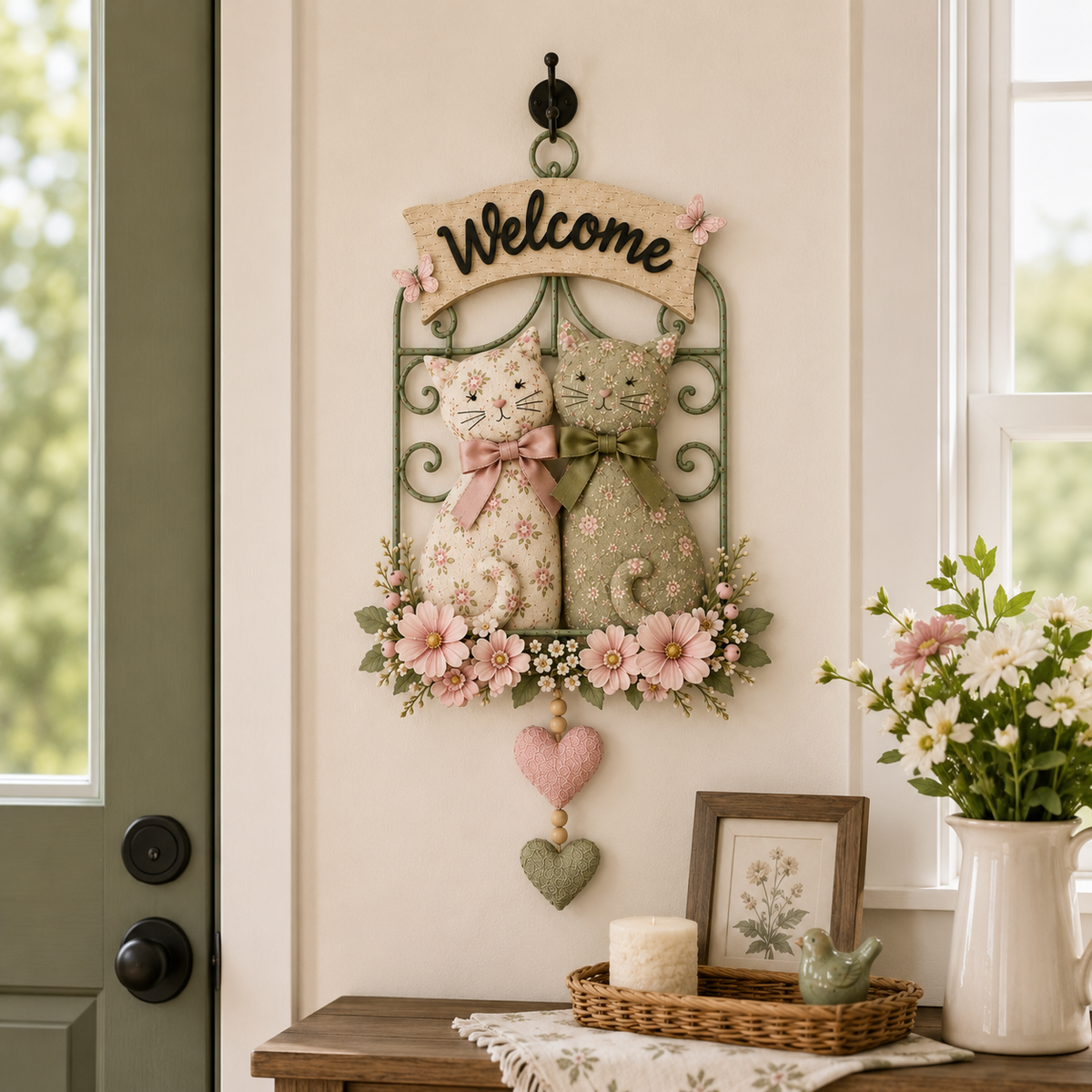 Floral Cat Couple Welcome Wall Hanging