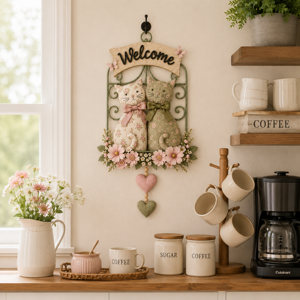 Floral Cat Couple Welcome Wall Hanging