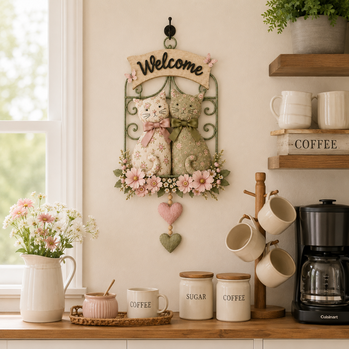 Floral Cat Couple Welcome Wall Hanging