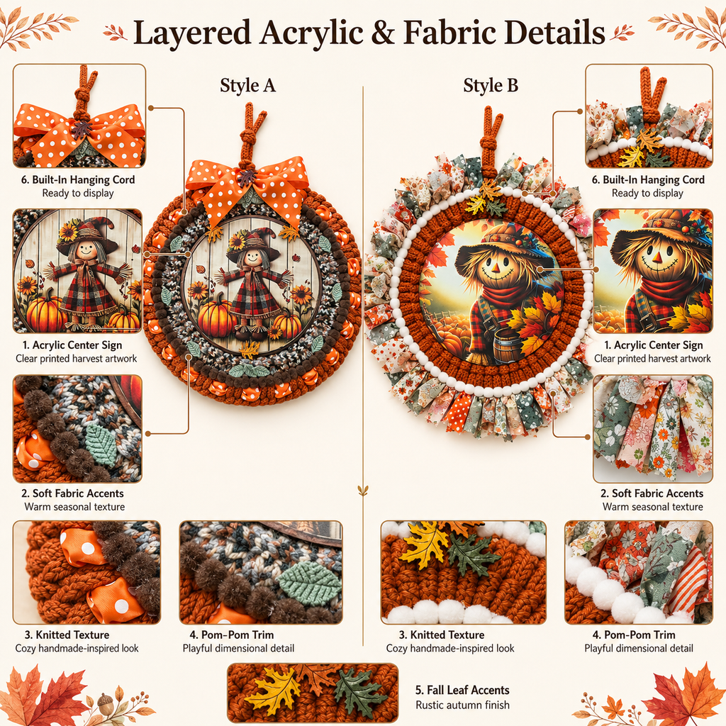 Fall Scarecrow Door Wreath, Thanksgiving Autumn Door Hanger