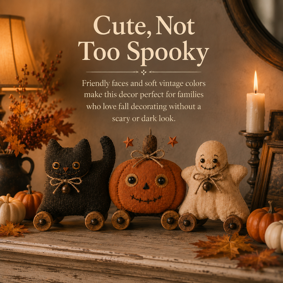 Vintage Cat Pumpkin & Ghost Decor Set